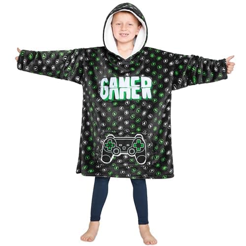 Image of CityComfort Hoodie Blanket for Kids & Teenagers Fleece Wearable Blanket Warm Gamer Football Oversized Hoodie with Sherpa Hood Loungewear Gaming Gifts (Green/Black)