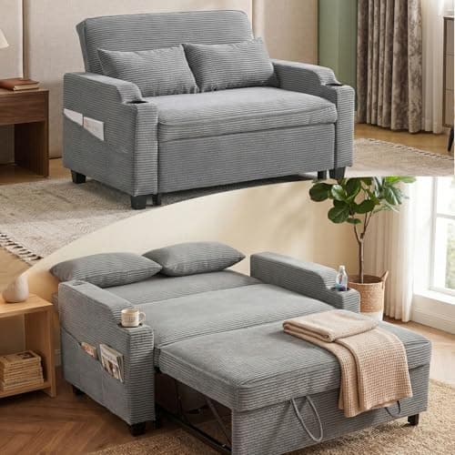 Image of Karl home 2 Seater Sofa Bed, 3-in-1 Convertible Pull Out Sleeper Sofa Couch with Adjustable Backrest, USB & Type-C Ports, Cup Holders, Side Pockets, for Living Room, Guest Room (Dark Grey)