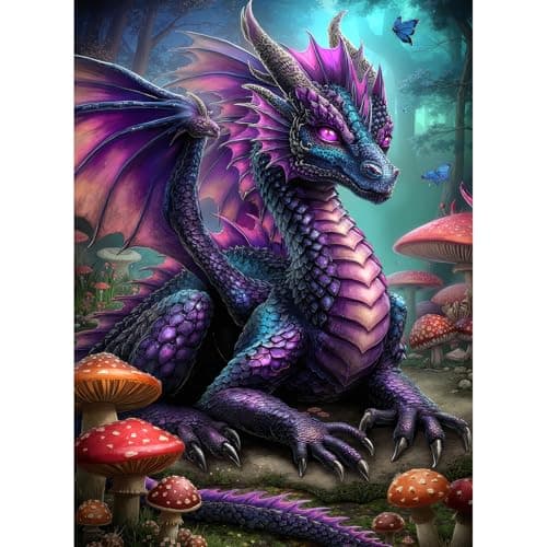 Image of 500 Piece Jigsaw Puzzle for Adults - Enchanted Purple Forest Dragon Puzzle Mythical Fantasy Artwork Challenging 500pcs Dragon Puzzle Magical Creature Wall Decor Gift (PurpleDragon)