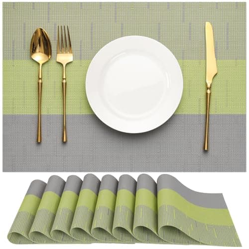 Image of Chitomars Placemats Set of 8, Vinyl Woven Place Mats Indoor Set of 8 Washable Wipeable PVC Table Mats Heat-Resistant Non Slip Placemat for Kitchen Dining Outdoor Table (Grey Grass Green, Set of 8)