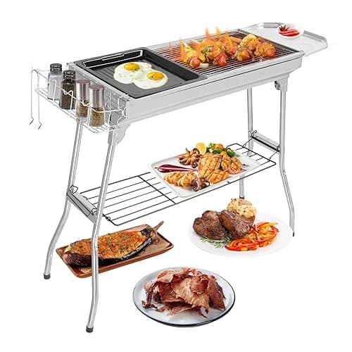 Image of Outopee Large Stainless Steel BBQ Charcoal Grill, 39 x 12x 28" Portable & Foldable Barbecue Grill, Outdoor Patio Garden Heating Smoker for Cooking Camping Hiking Picnic Garden Beach Party