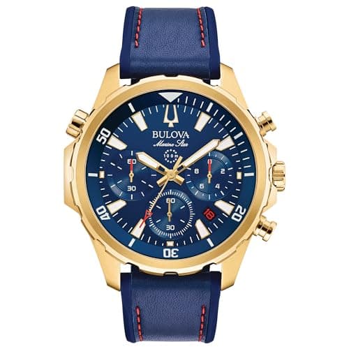 Image of Bulova Men's Marine Star Series B Stainless Steel 6-Hand Chronograph Quartz Watch, 100M, Gold Tone/Blue Dial, One Size, Marine Star Series B Quartz Gold-Tone Stainless Steel Strap