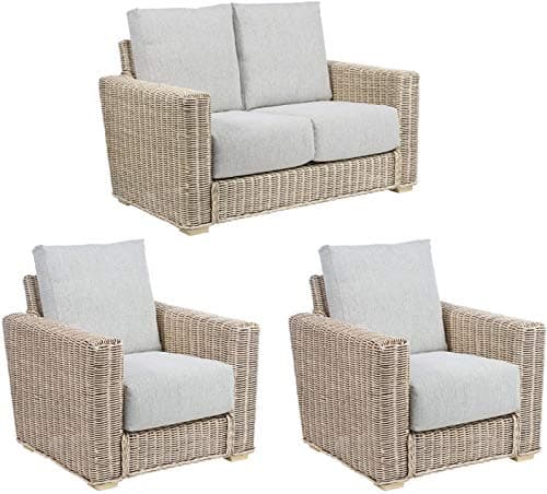 Image of Desser Burford Rattan Conservatory Furniture Set – 2 Seater Sofa & 2x Armchairs – Fully Assembled Luxury Indoor Natural Cane Wicker Chairs & Settee Suite with UK Made Cushions – Pebble Fabric