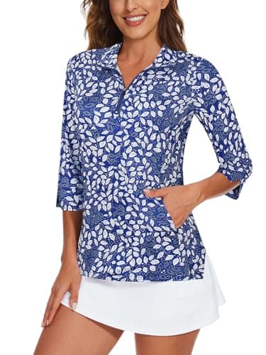 Image of Viracy Women's Golf Shirts 3/4 Sleeve Sun Protection Quarter Zip with Zipper Pockets Athletic Polo Workout Tops S-2XL, Blue Leaves, S