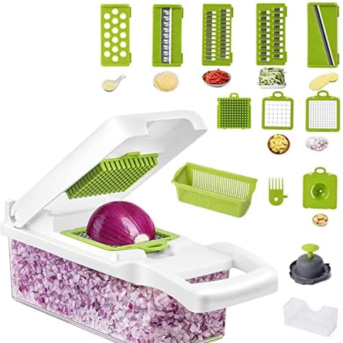 Image of MEKY Vegetable Chopper, 12 in 1 Onion Mincer Chopper Dicer Mandoline Slicer, Fruit Food Chopper Vegetable Spiralizer Onion Cutter,Veggie Slicer, Cabbage, Carrot, Potato,Salad - White (02-white)