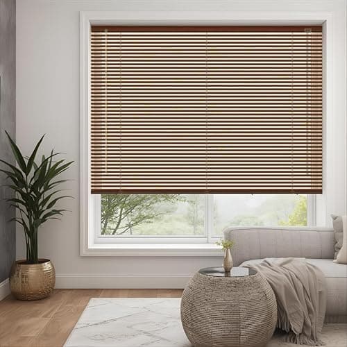 Image of Walnut - Wood grain effect PVC venetian Blind - Width 165cm x Drop 150cm - 25mm Horizontal Slats - Easy Fit Trimmable fitting with Tilt control Wand Mechanism