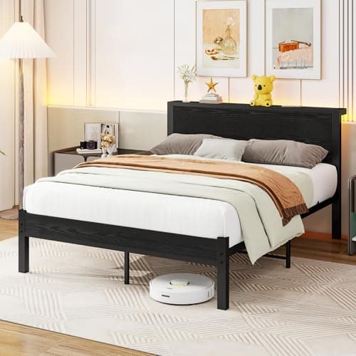 Image of Diahomy Double Bed Frame Metal Platform Bed Frame with Wood Headboard/Mattress Base/Underbed Storage/No Box Spring Needed/Black