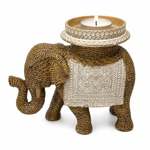 Image of VR ANGEL Elephant Tea Light Candle Holder Ornament with Back Tray Resin Decorative Elephant Table Centrepiece Boho Home Decor Living Room Accessories Gift for Home