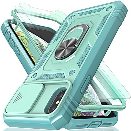 Image of HpulaCase for iphone X/XS Case with Camera Cover Slider, 2*Screen Protectors,Build in 360°Rotating Ring Kickstand, Military Grade Protective Case for iphone X/XS-Green