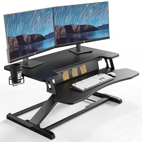 Image of PUTORSEN Standing Desk Converter, 37'' Dual Tiered Sit-Stand Desk Riser with Keyboard Tray, Height Adjustable Computer Workstation with Cup Holder and Note Board up to 15kg, Black