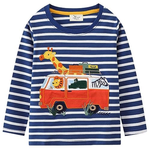 Image of Kids Boys Giraffe Long Sleeve Striped T-Shirt Tops Toddler 100% Cotton Casual Crewneck Tee Shirts Clothes Age 3-4 Years