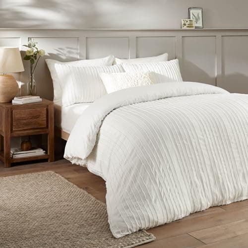Image of Duvet Day Harrison Stripe Duvet Cover Set – Minimal Tufted Design with Soft-Touch Fabric and Easy-Care Finish (White - Double)