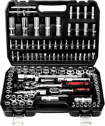 Image of TLGREEN 108-Pieces 1/4" and 1/2" Drive Sockets Set, 72 Teeth Reversible with Quick Release, CR-V Deep Sockets Kit with Extension Bar, Coupler, Ratchet and Wrench, Mechanic Tools for DIY, Car Repair
