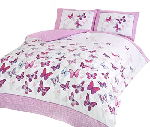 Image of Rapport Home Furnishing Pink Butterfly King Duvet Cover Set | Reversible Easy Care Polycotton Bedding with 2 Pillowcases - 230cm x 220cm