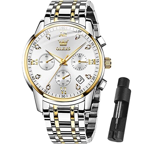 Image of OLEVS Men Multifunction Watch, Multi Dial Waterproof Luminous Chronograph Men's Watch with Date Gift for Men,Stainless Steel Watches for Men,Classic Men Wrist Watch, Two-tone White, ROUND, Business