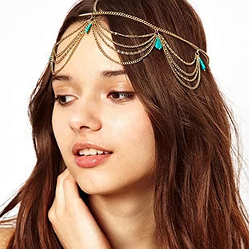 Image of Wendalern Boho Turquoise Headpiece Layered Tassel Hair Chain Gold Vintage Pendant Forehead Headpiece Wedding Turquoise Headbands Jewelry for Women Girls