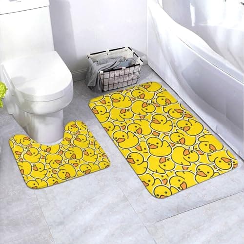 Image of Jbofyee Cute Rubber Ducky 2 Piece Bathroom Rugs Set, Bath Mat + Toilet Contour Mat, Non-Slip Soft Microfiber Yellow Cartoon Ducks Bathmat for Tub Shower Room Decor, Machine Washable