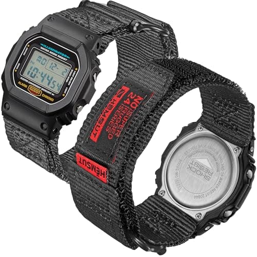 Image of HEMSUT 16mm quick-release nylon watch strap for G-Shock, compatible with GD/DW/GW/GA series models like GD-350, DW-5600, GW-6900. Rugged military-style replacement in premium seatbelt nylon