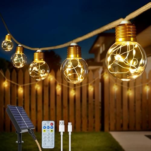 Image of Ollny Solar Lights Outdoor Garden, 8M Hemp Rope Fairy Lights Solar Powered with 16 Shatterproof G50 Bulbs, 8 Modes Waterproof Festoon String Lights Outside for Balcony Fence Patio Party Gazebo Decor