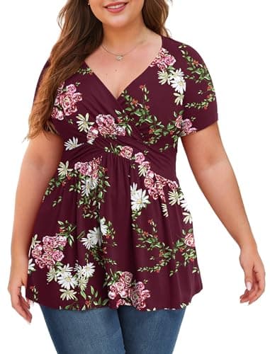 Image of Anelune Plus Size Red Floral Printed Tops Women Short Sleeve Babydoll Tunic Pleated Flowy Materinity Blouse Casual V Neck Outfit L F Wine Red