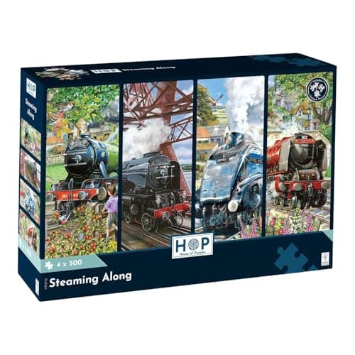 Image of The House of Puzzles Steaming Along Jigsaw Set - 4 x 500 Piece Jigsaws For Adults, Multi Puzzle Pack, Artist Illustrated, Deluxe Puzzle Gifts, Sustainably Made