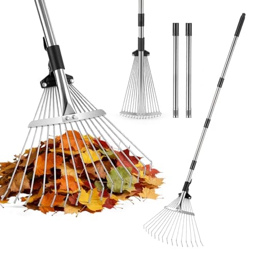 Image of Adjustable Garden Leaf Rake 85-175cm, Metal Rake for Gardening with Expandable Head 20-40cm, Lightweight Garden Tools Rakes for lawn Yard Leaf Artificial Grass, Metal Head, 15 Tines