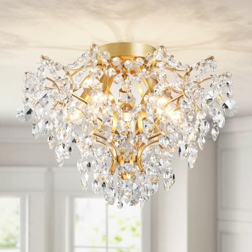 Image of WUZUPS 5-Light Crystal Chandelier Flushmount Ceiling Light Modern Lighting Fixture for Bedroom Hallway Bar Kitchen Bathroom, H 30.5cm x W 39cm, E14 Base, Gold