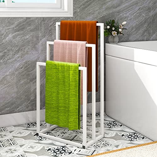 Image of Freestanding Towel Racks with 3 Towel Stands Rail for Bathroom Accessories Organizer, Towel Holder, Bath & Hand Towels Storage, White