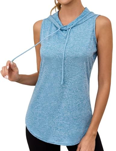 Image of Gyabnw Ladies Hooded Sports Vest Sleeveless Quick Dry Tank Top with Breathable Stretch Fabric for Fitness, Yoga and Casual Training Blue