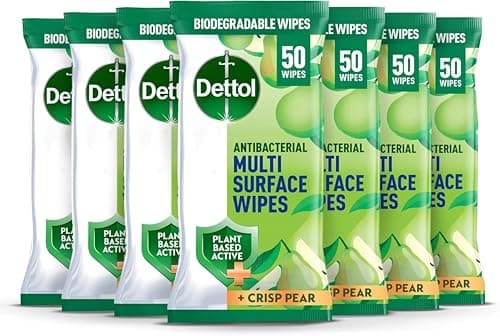 Image of Dettol Antibacterial Multi Surface Cleaning Wipes, Crisp Pear, 350 Wipes (50 x 7pck) Plant-Based, Disinfectant, Biodegradable, Kills 99.9 Percent of Germs