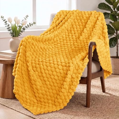 Image of Exclusivo Mezcla Fleece Throw Blanket for Couch, Extra Large Fuzzy Mustard Yellow Bed Blankets, Soft Cozy Plush Sofa Throws for All Seasons, 127x178 CM