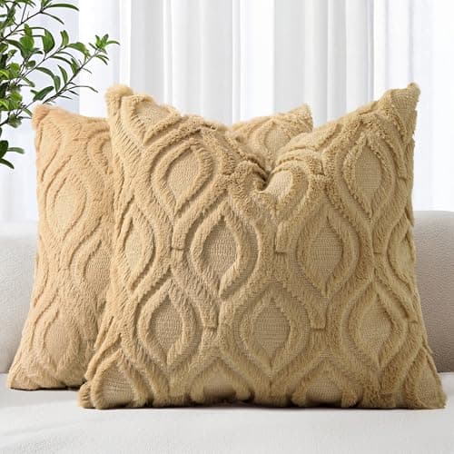Image of decorUhome Set of 2 Faux Fur Cushion Covers 45x45 cm, Decorative Soft Plush Fluffy Velvet Cushion Cover 18X18 Inch,Square Boho Neutral Pillow case for Sofa, Taupe