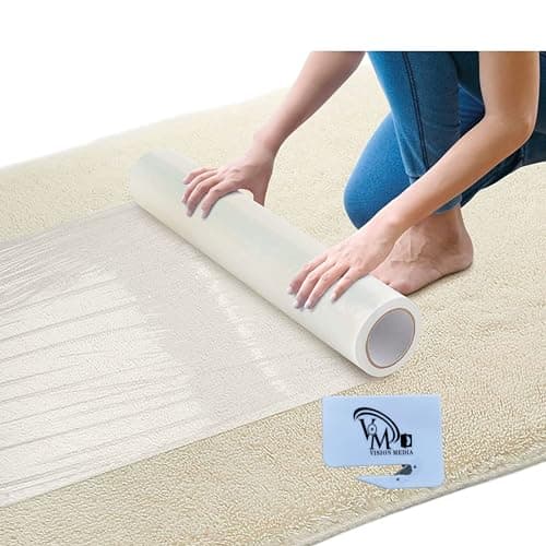 Image of VISION MEDIA® 50m x 60cm Heavy Duty Clear Carpet Protector – 80 Mic Thickness Premium Self-Adhesive Floor Protector - Waterproof Carpet Roll - Easy Unwinding - Safety Cutter Included