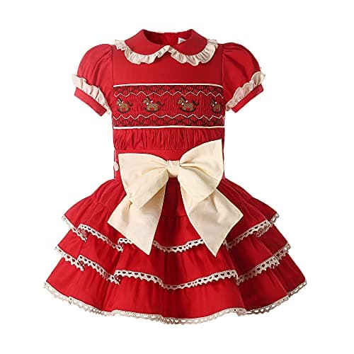 Image of Ju petitpop Baby Girls Elegant Christmas Smocked Dress Size 6 9 12 18 24 Months Kids Red Smock Skirt Clothing