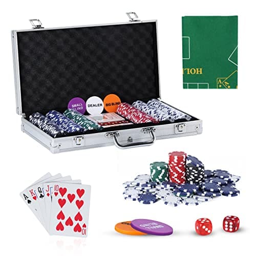 Image of SILVER VALLEY Texas Holdem Poker Set, 300 Piece Set in Aluminium Case with 11.5g Heavyweight Chips, 1 double-sided reversible Flet Mat, 2 Decks Playing Cards, 5 Dice, Dealer, Big Small Blind Button