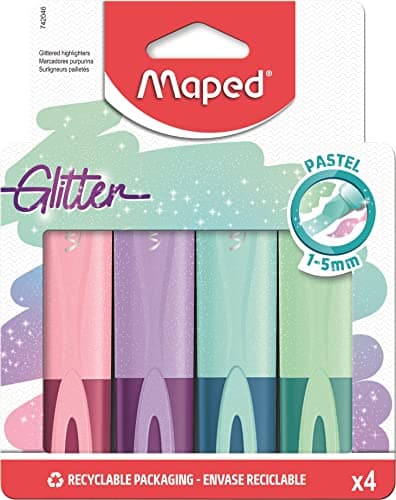 Image of Maped Pastel Glitter Highlighters x 4 - Chisel Tip 1 to 5mm - Set of 4 Pastel Colours - Reusable Cardboard Pouch