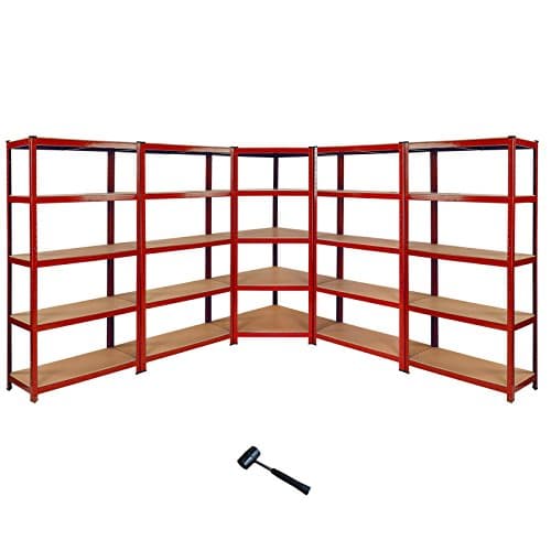 Image of Monster Shop 5 Racking Shelving Units 1 x Corner Garage Unit & 4 x Storage Rack Bays 5 Z-Rax Red Steel & MDF Shelves 8525kg Total Capacity 265kg per shelf Free Rubber Mallet