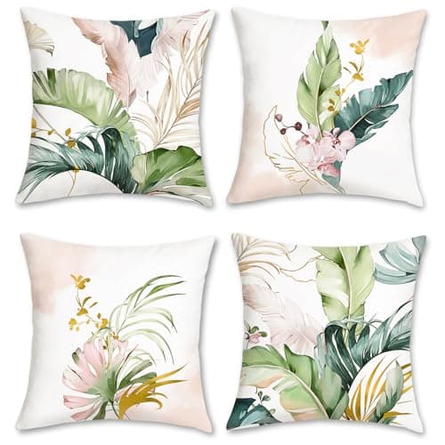 Image of Bonhause Tropical Leaves Cushion Covers 45 x 45 cm Green Pink Leaf Summer Decorative Throw Pillow Covers for Sofa Patio Garden Outdoor Decor Set of 4