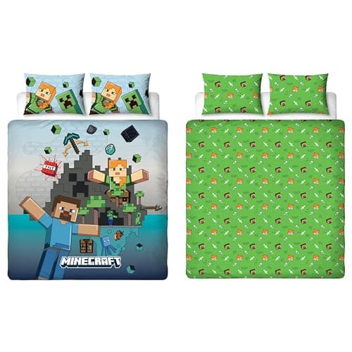 Image of Minecraft Officially Licensed Movie Double Duvet Cover Set | Reversible Level Design Duvet Cover Set 2 Sided Includes Matching Pillowcases | Double Set