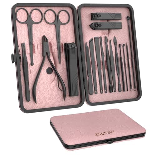 Image of ZIZZON Nail Clippers Manicure Pedicure Set 18 in 1 Nail Grooming Kit with Leather Travel Case(Black/Pink)