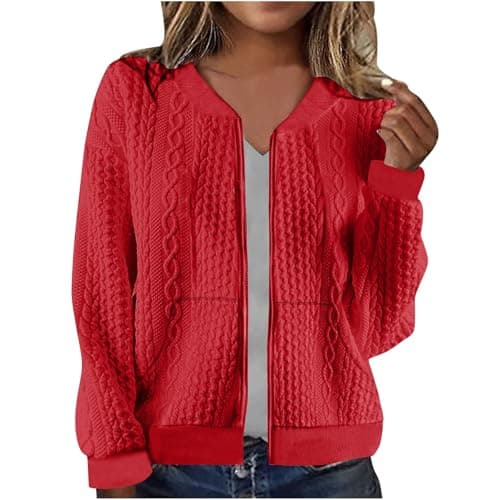 Image of Cardigan Sweaters for Women UK Full Zip Jacket Long Sleeve Sweatshirt with Pockets Cable Knit Coat Lightweight Elegant Fall Outfits Casual Pullover Bolero Ladies Jacket Coat for Daily Red