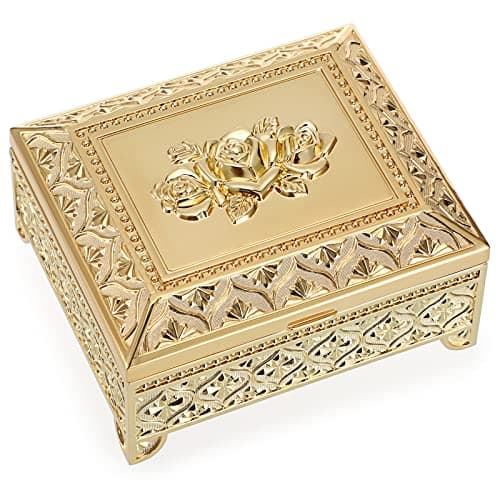 Image of IGNPION Metal Jewelry Box Rose Engraved Trinket Holder Earrings Rings Trinket Storage box Jewelry Keepsake Ornate Display Case for Birthday, Wedding, Mothers Days Gifts, Gold