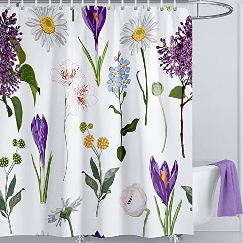 Image of LIVETTY Shower Curtain Floral 180 x 180 cm Purple Boho Bathroom Curtains Waterproof Polyester Fabric Bath Curtain Plants Shower Curtains with 12 Hooks