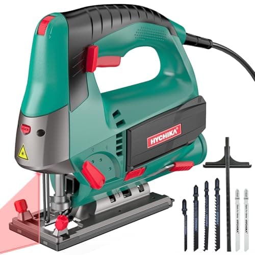 Image of HYCHIKA 800W Jigsaw with Laser Guide - Corded Electric Jig Saw Kit, 6 Variable Speed 800-3000SPM, Max 110mm Cutting Depth in Wood, ±45° Bevel Cut, 6 Blades & Carrying Case for Wood Metal Plastic DIY