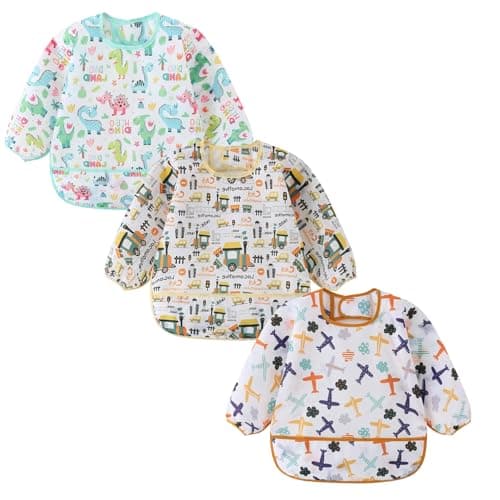 Image of ElecMotive Long Sleeve Bibs 3 Pack Waterproof Sleeved Bib Baby Toddler Soft Bib for 6-30 Months
