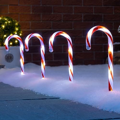 Image of Christow Candy Cane Christmas Lights, Outdoor Path Stake Decorations, Flashing LED, Mains Powered, Set of 4 x 26cm (Red & White)
