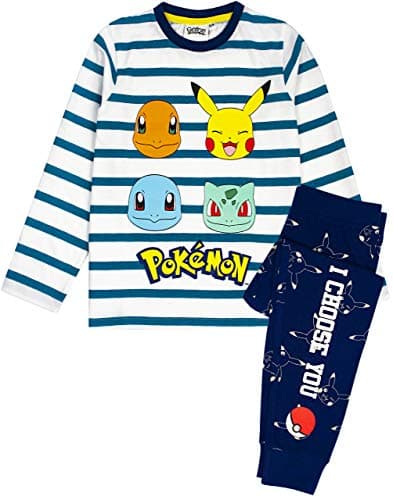 Image of Pokemon Pyjamas For Boys | Kids Pikachu, Charmander, Squirtle & Bulbasaur Striped T Shirt & Trousers Pajamas | Children's Long Sleeve Navy & White Sleepwear Set