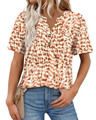 Image of Aokosor T Shirts for Women UK Summer Tops for Women V Neck Tshirts Short Sleeve Tee Shirts Size 14-16 Orange Print