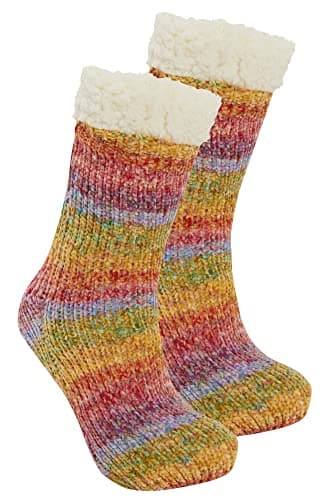 Image of Women's Girls Teens Rainbow Chenille Soft Knit Thermal Slipper Bed Socks Ladies Cozy Plush Warm Fleece Lined Xmas Gift Stocking Filler Non Slip Gripper Sock Foot Size 13-2 UK