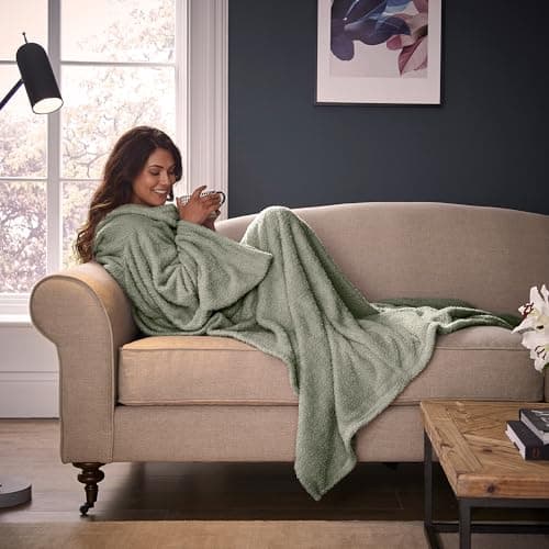 Image of Silentnight Snugsie Sage Wearable Blanket - Soft Teddy Fleece Blanket with Sleeves - 2-in-1 Sleeved blanket and Cushion - Supersized with Foot Pocket, Green Sage